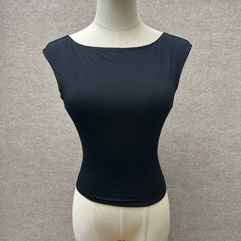 Few Moda Black Boat Neck Open Low Back Cap Sleeve Fitted Tank Top XS Minimalist